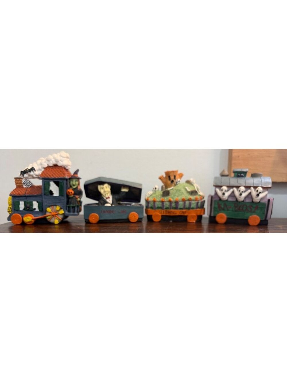 Halloween-Themed Hand-Painted Ceramic Train Figurine Set Ghosts Witch & Dracula